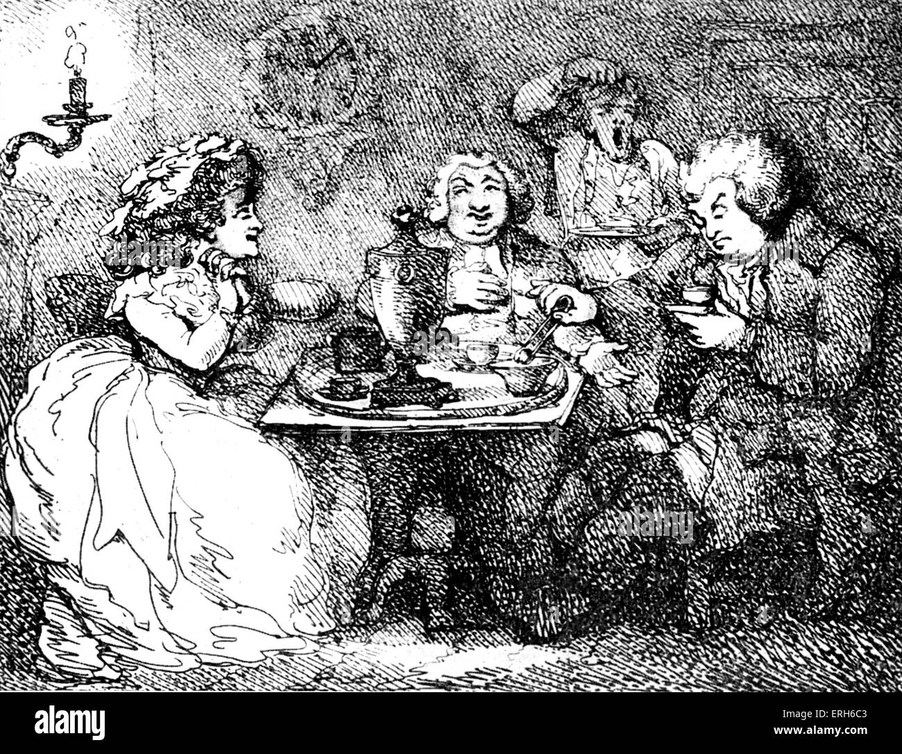 'Dr Johnson prend le thé chez Boswell's House" - caricature. 1786 publié par Collings et Rowlandson. Samuel Johnson 's dépeint Banque D'Images