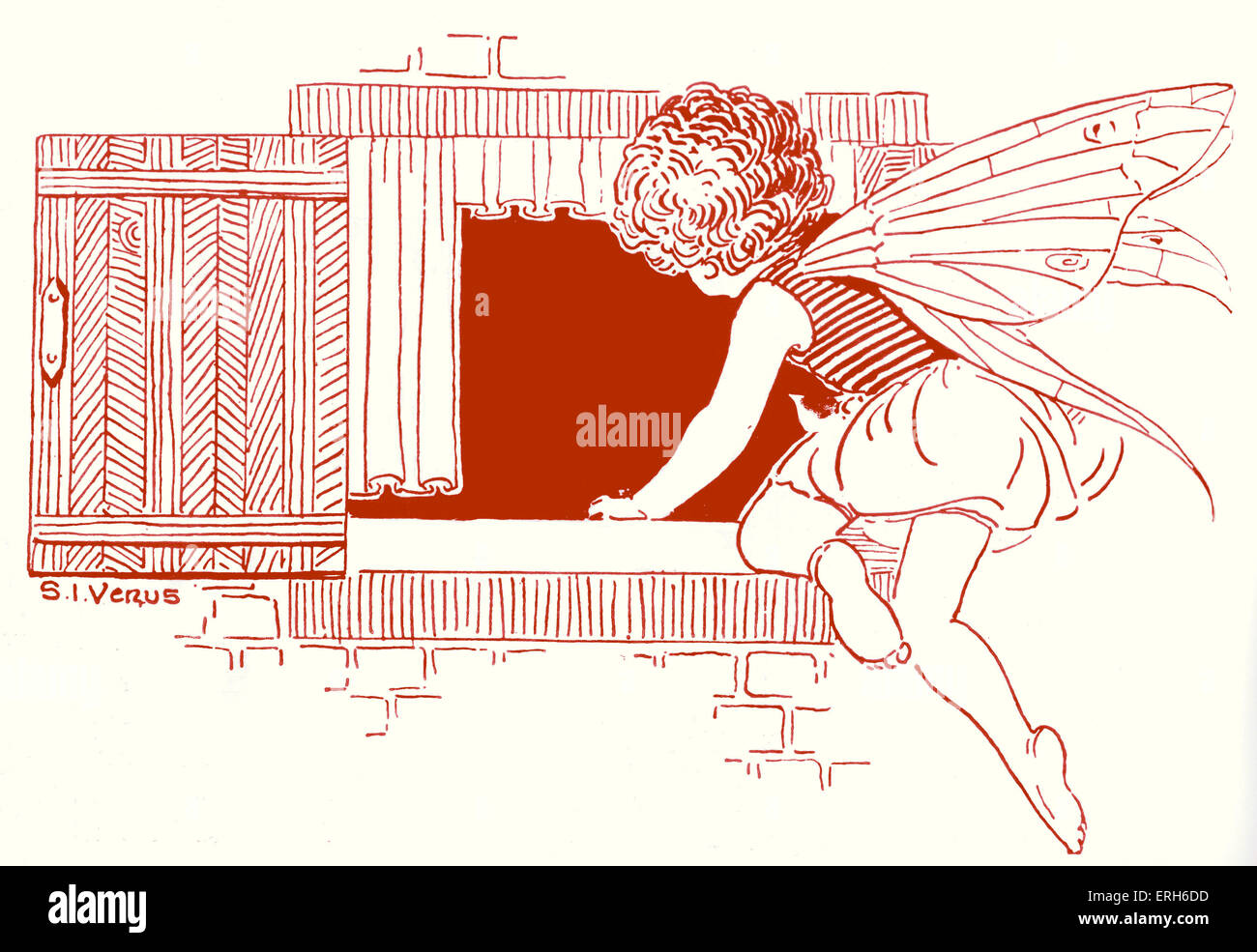 1920 - illustration du livre pour enfants. Sous-titre suivant : la pervenche jeta à la fenêtre de la vieille femme." Banque D'Images