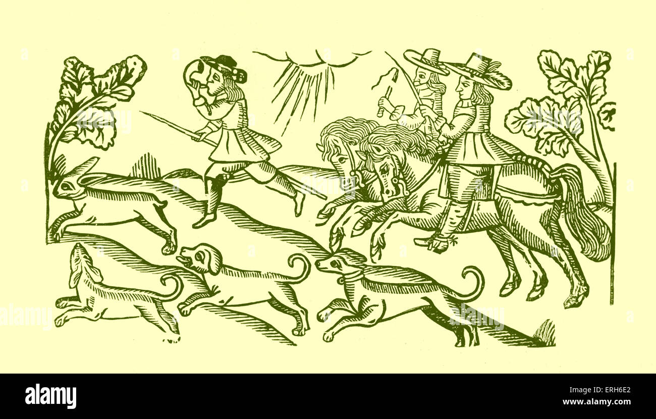 Les chasseurs, c. 1680-1700. Deux hommes à cheval et l'un émettant un avertisseur sonore. Plusieurs chiens chassant un lièvre. Prises d'un milieu xviie Banque D'Images