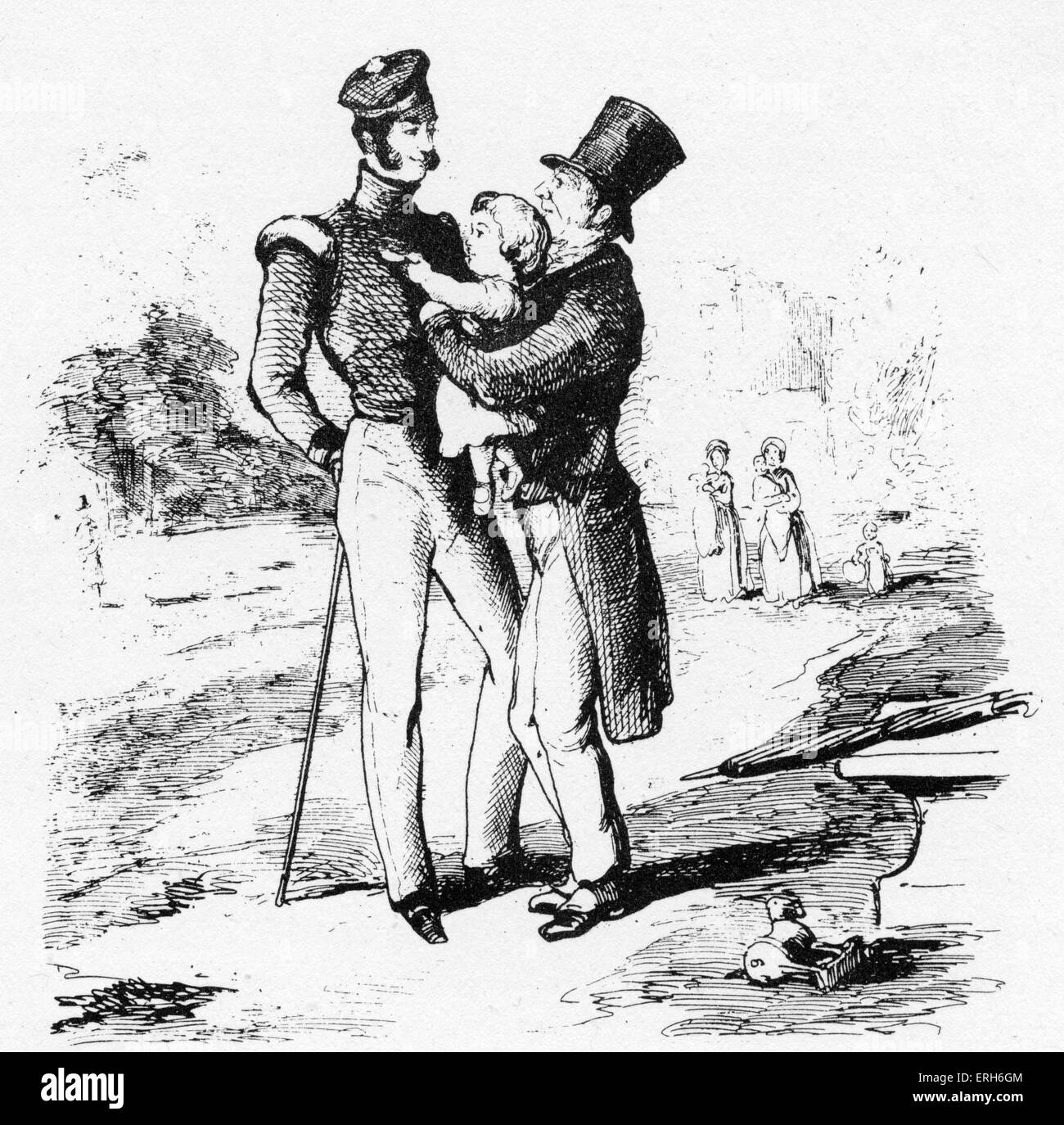 'Georgy fait la connaissance d'un homme de Waterloo." Une illustration de Thackeray's 'Vanity Fair'. Gravure de Thackeray pour le Banque D'Images