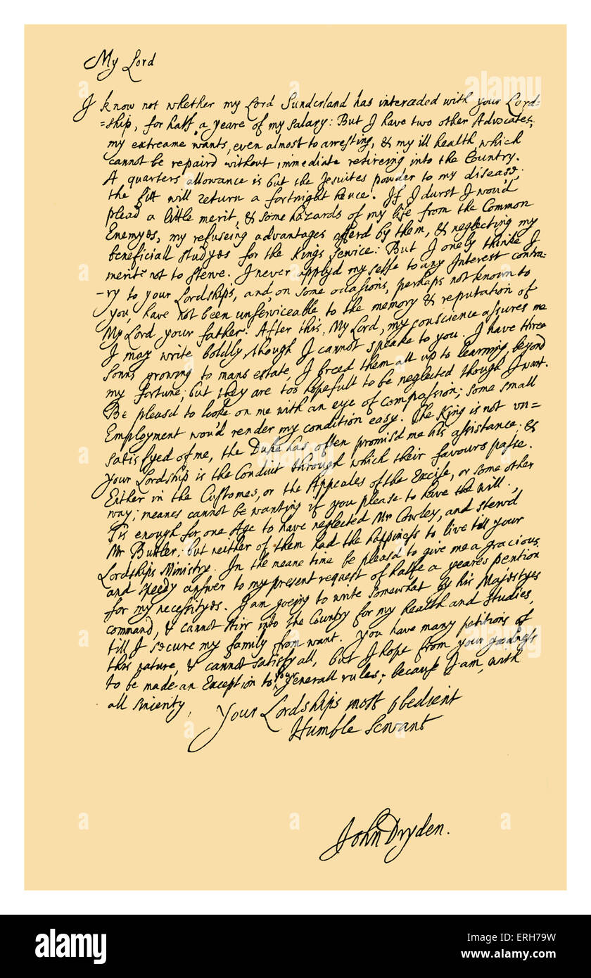 Manuscrit : Lettre de John Dryden à Laurence Hyde, comte de Rochester. Dryden implore pour une demi-année de salaire comme poète officiel Banque D'Images