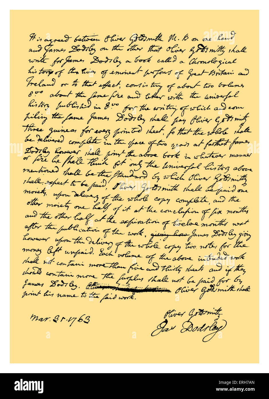 Manuscrit : Texte décrivant un accord (jamais réalisée) pour écrire à Oliver Goldsmith pour James Dodsley, l'éditeur, 'a Banque D'Images