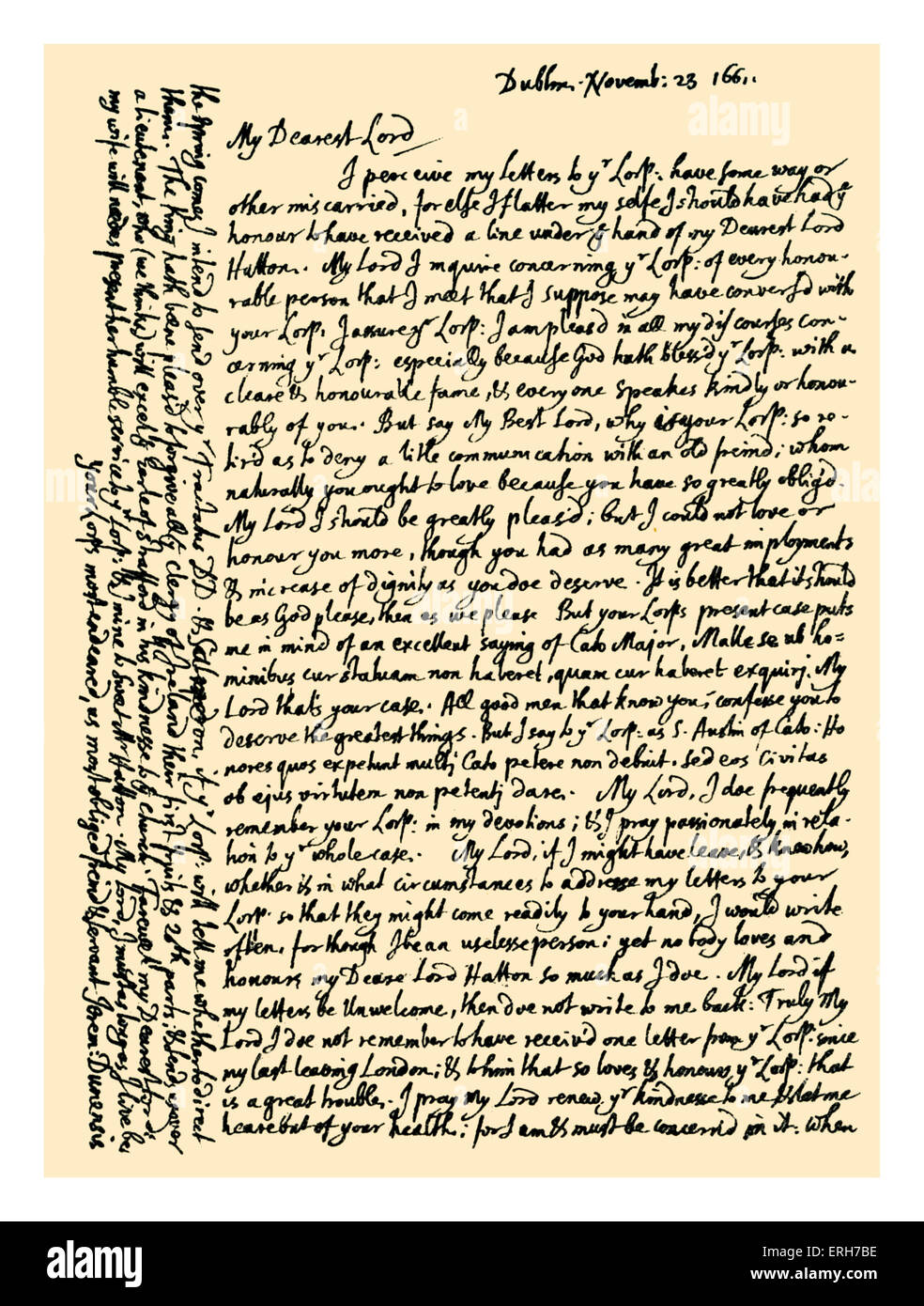 Manuscrit : lettre, écrite par Jeremy Taylor après qu'il a été fait évêque de Down et Connor, à Christopher Hatton, Seigneur. Banque D'Images