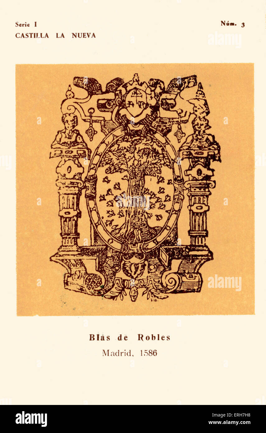 Marque de libraire : Blas de Robles, Madrid, 1586. Devise se lit comme suit : "el arx robore' ('Le miel, la force de la Citadelle'). N°3 dans Banque D'Images