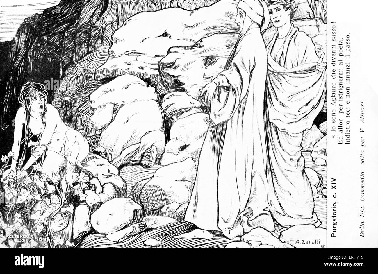 La Divine Comédie de Dante - illustration au purgatoire par A. Baruffi. 14e canto : ' Aglauro "Io sono che divenni sasso !'/ Ed allor, Banque D'Images