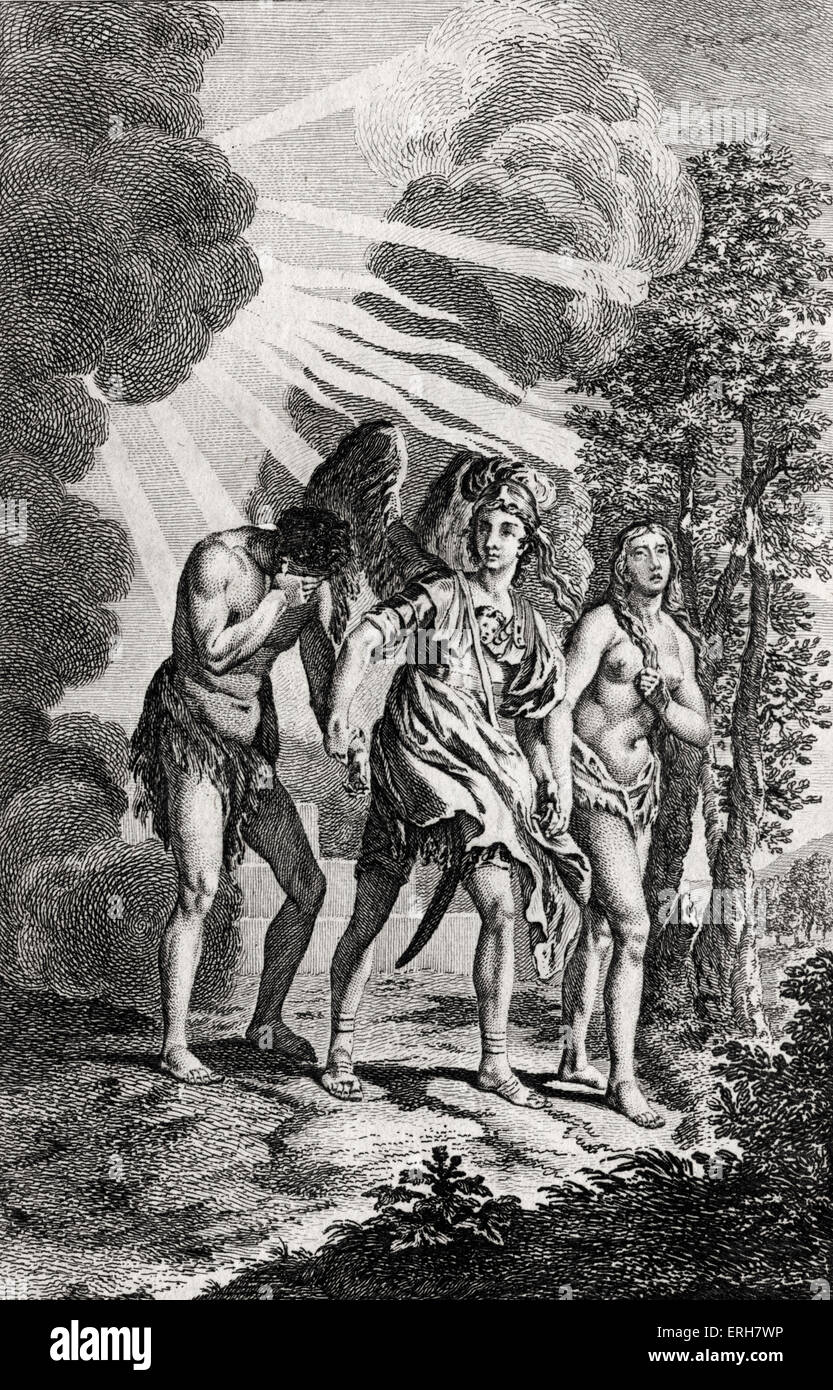 MILTON - PARADIS PERDU - Livre 12 L'Ange Michael conduit Adam et Eve hors du paradis par la main. Poète anglais. D'abord publié 1667. Reproduit à partir de la 4e édition 1757. Banque D'Images