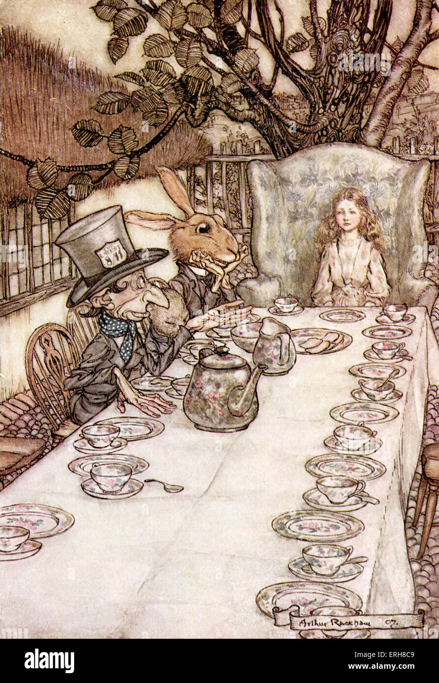 L''Alice au Pays des merveilles de Lewis Carroll (Charles Lutwidge Dodgson). Sous-titre suivant :'Le Thé du Chapelier fou' Banque D'Images