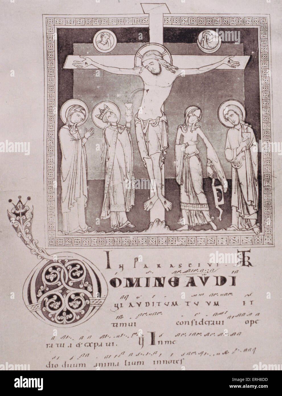 L'Eglise et la synagogue médiévale dans l'illustration des symboles plus crucifixion , manuscrit du 13e siècle montrant NEUMES. À partir de Banque D'Images