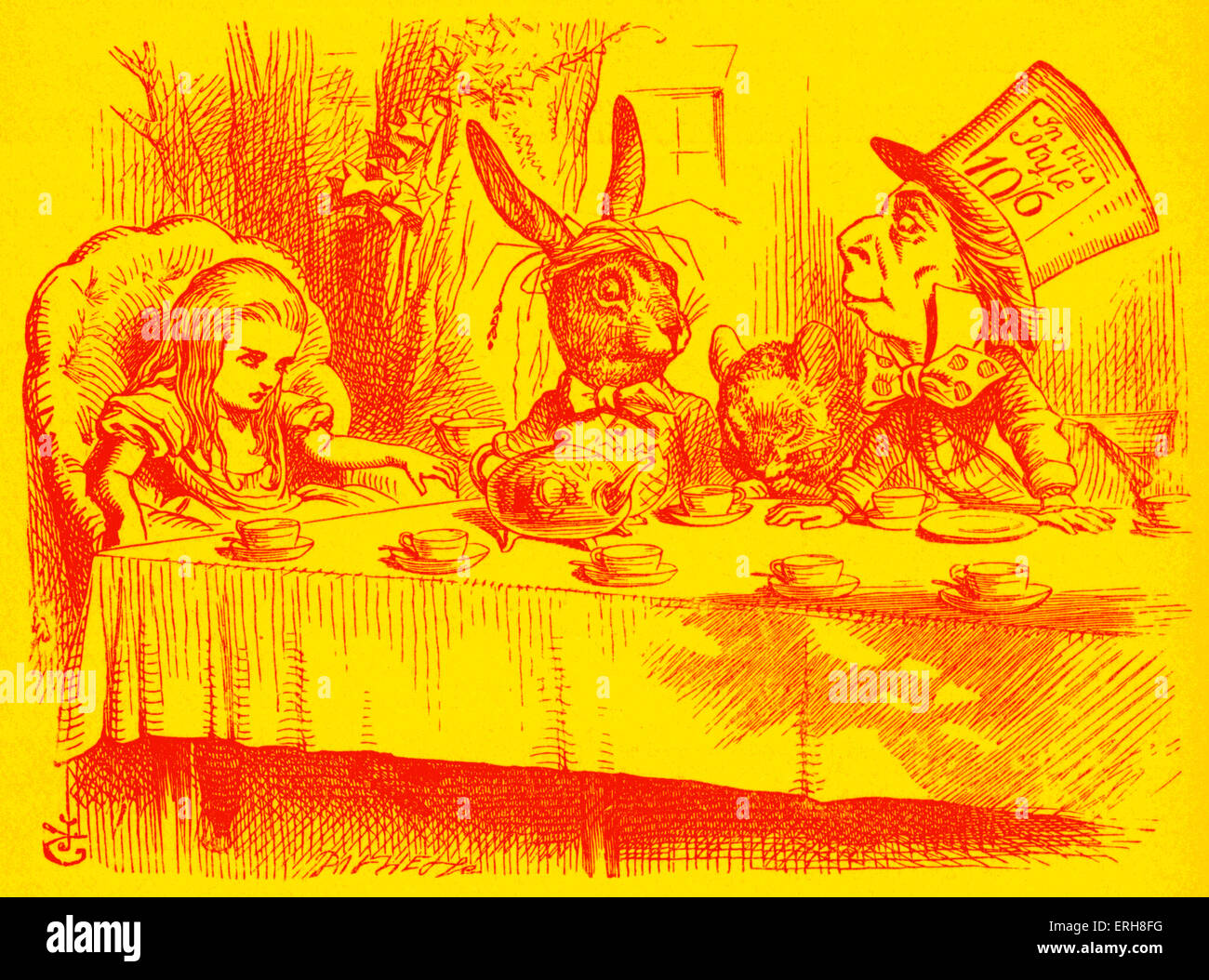 Alice au Pays des merveilles - Le Thé du Chapelier fou - du livre de Lewis Carroll (Charles Lutwidge Dodgson), anglais pour l'écrivain et mathématicien 27 janvier 1832- 14 janvier 1898. D'abord publié 1865. Illustrations de John Tenniel 1820-1914. Banque D'Images