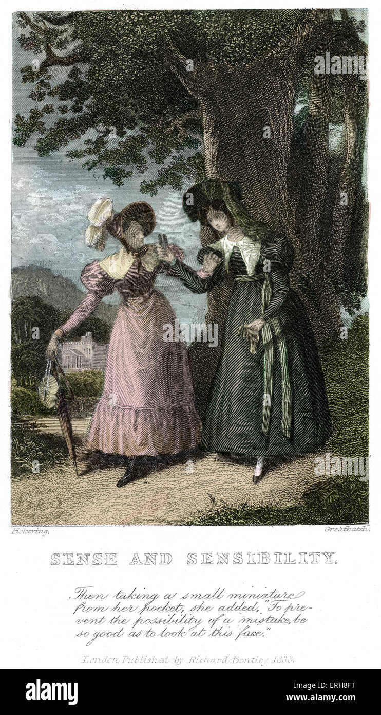 Raison et Sentiments de Jane Austen - frontispice. Légende : "en prenant ensuite un petit monde miniature de sa poche, elle a ajouté, "c'est à Banque D'Images