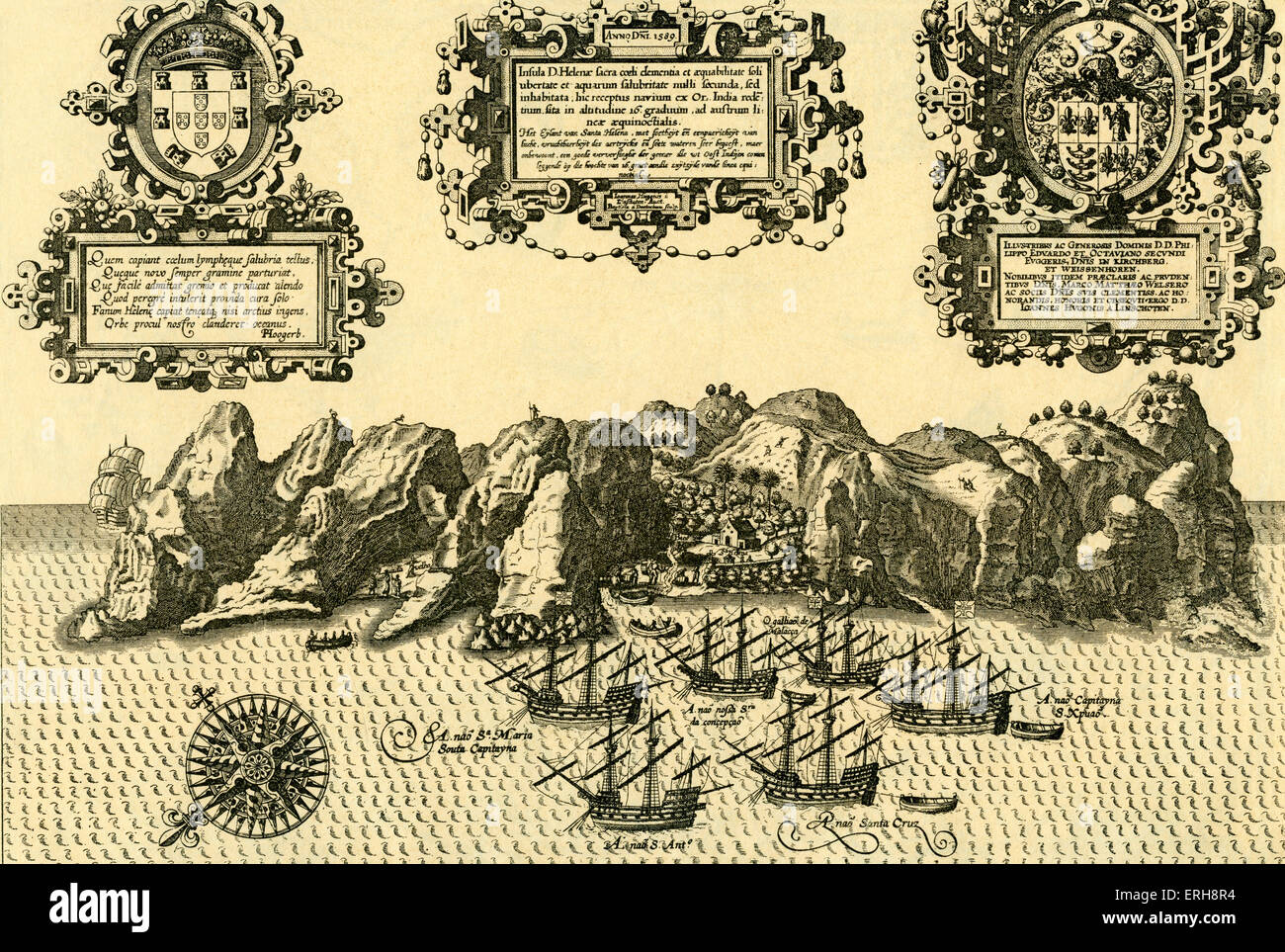 Carte de l'île de Sainte-Hélène à Linschoten 's "Navigation ac Intinerarium, etc.", 1599. Dans l'île Sud de l'océan Atlantique. Banque D'Images