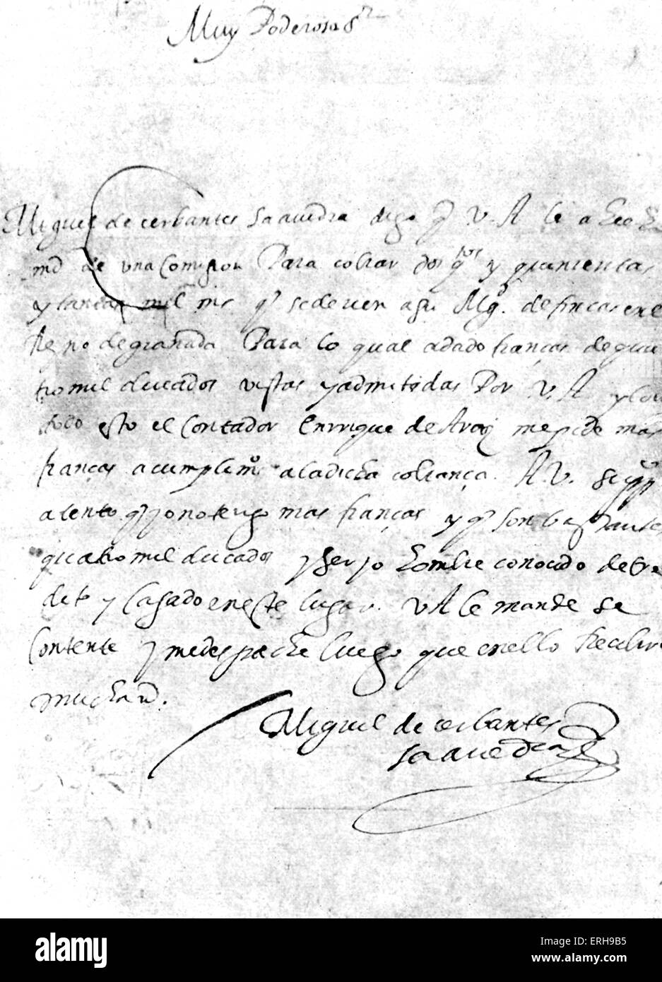 Lettre de Miguel de Cervantes. Écrit à la main. L'espagnol, romancier, poète et dramaturge 29 Septembre 1547 - 23 Avril 1616 Banque D'Images