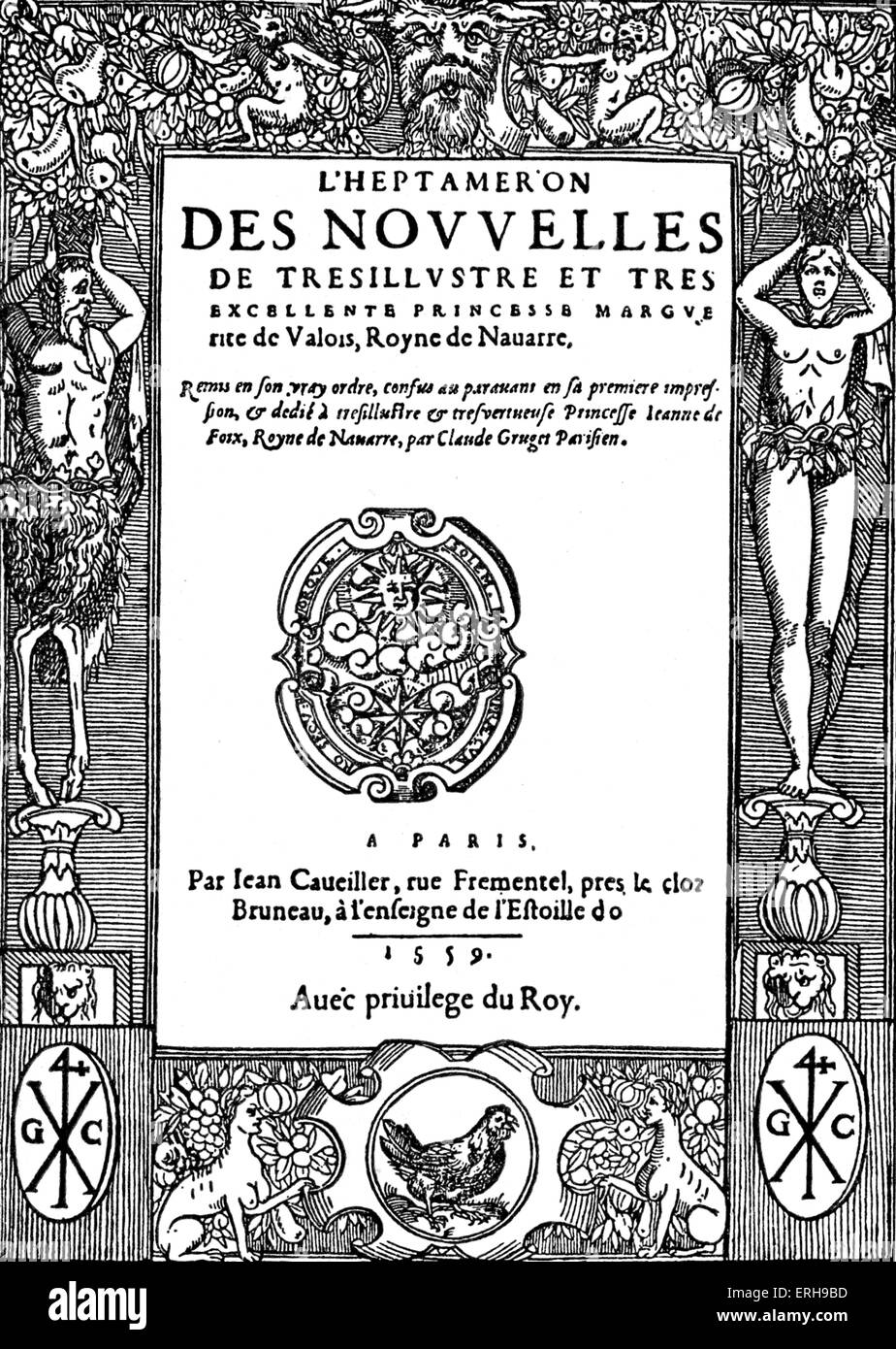 - Heptaméron des nouvelles de Marguerite de Navarre. Page de titre de la première édition, 1559. Frontière gravure sur bois dans le style de la Banque D'Images