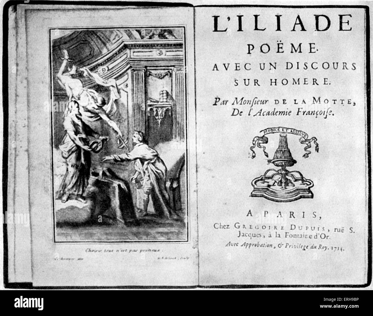 L'Illiad par Homère (édition française, 1714). Avec l'illustration de la page de titre par de la Motte Banque D'Images