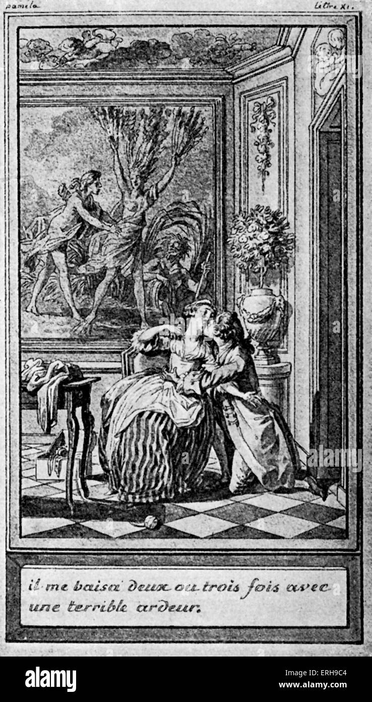 L'Abbé Prévost traduction de Samuel l'Richardardon ; Pamela ou la Vertu récompensée,' - de l'illustration par Marillier. Légende : 'Il me baisa deux ou trois fois avec une terrible ardeur' ('Il m'a embrassé deux ou trois fois avec une ferveur terrible'). La version anglaise d'abord publié en 1740. Banque D'Images