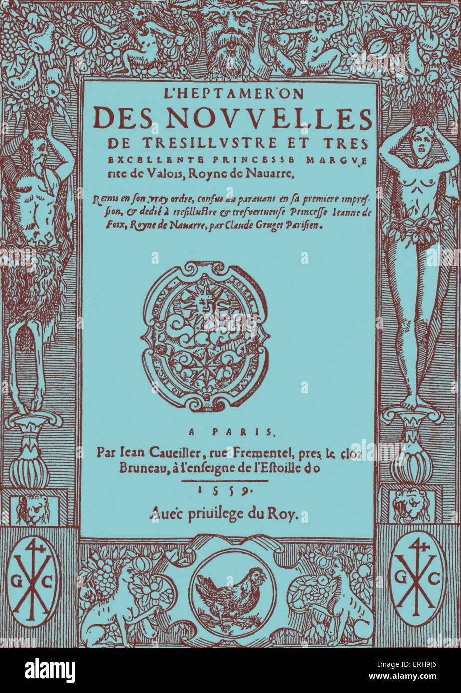- Heptaméron des nouvelles de Marguerite de Navarre. Page de titre de la première édition, 1559. Frontière gravure sur bois dans le style de la Banque D'Images