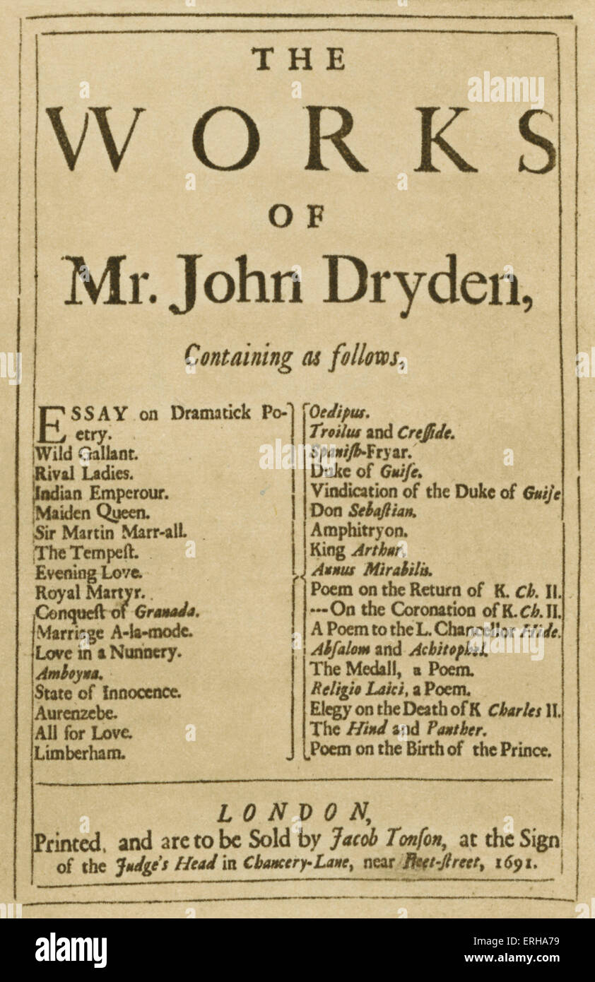 Page de titre : 'Les oeuvres de M. John Dryden', publié à Londres, 1691, par Jacob Tonson. La première édition de John recueillies Banque D'Images