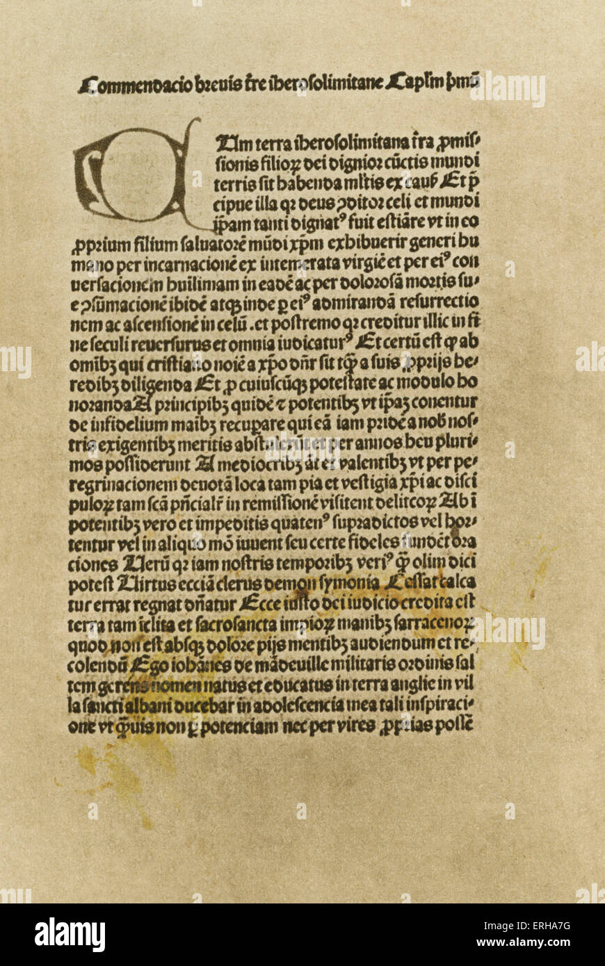 Page 1 de Liber Presens Cuius honoré de Fertur Iohannes de Mandeuille (voyages de John Mandeville). Les voyages d'une série de documents Banque D'Images