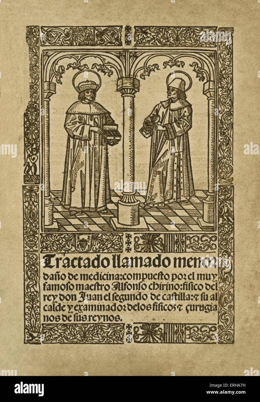 Page de titre : "Quatre Premières Œuvres médicales espagnoles", partie 1, 'Ilamado Tractado Menor Dano de Medicina', par Jacobo Cronberger, imprimé à Séville, 1519. Banque D'Images