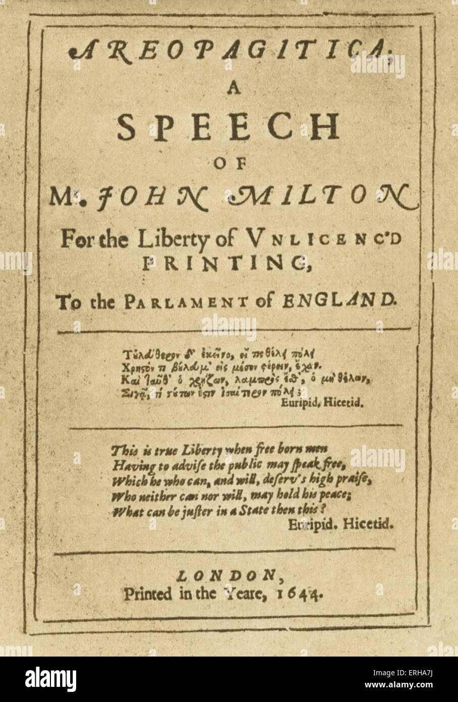 Page de titre : Areopagitica, une brochure par la prose parlementaire et poète John Milton (1608-1674), imprimé à Londres, 1644. Banque D'Images