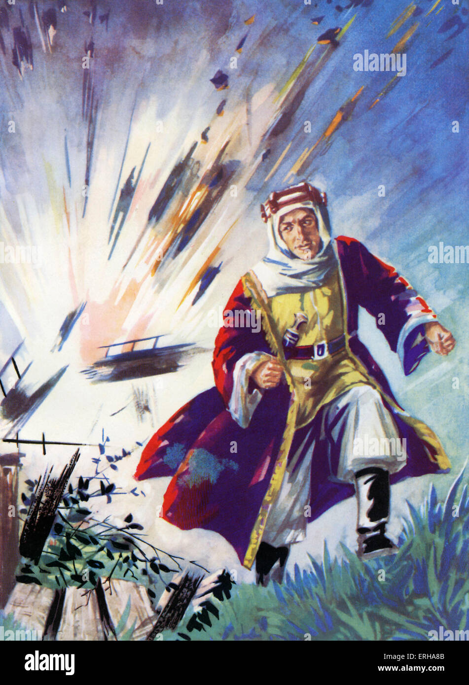 T.E. Lawrence (1888-1935) (Lawrence d'Arabie) au cours d'un raid sur un pont de la Révolte Arabe (1916 - 1918). Sous-titre suivant : 'fini sa tâche Lawrence a couru pour la sécurité. Banque D'Images