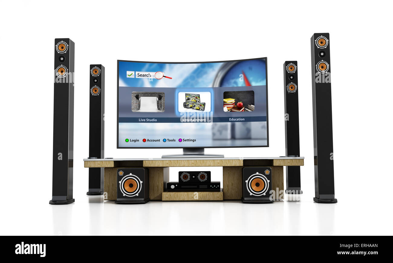 Système Home Cinéma avec caissons, haut-parleurs et lecteur Blu-ray Banque D'Images