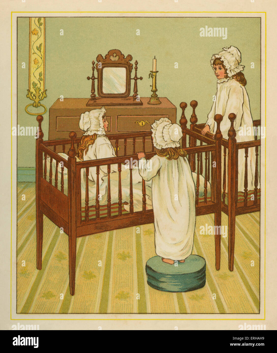 Trois sœurs victorien habillé pour lit, assis dans deux lits bébés. Illustration par J.G. Baleine.1881 Banque D'Images