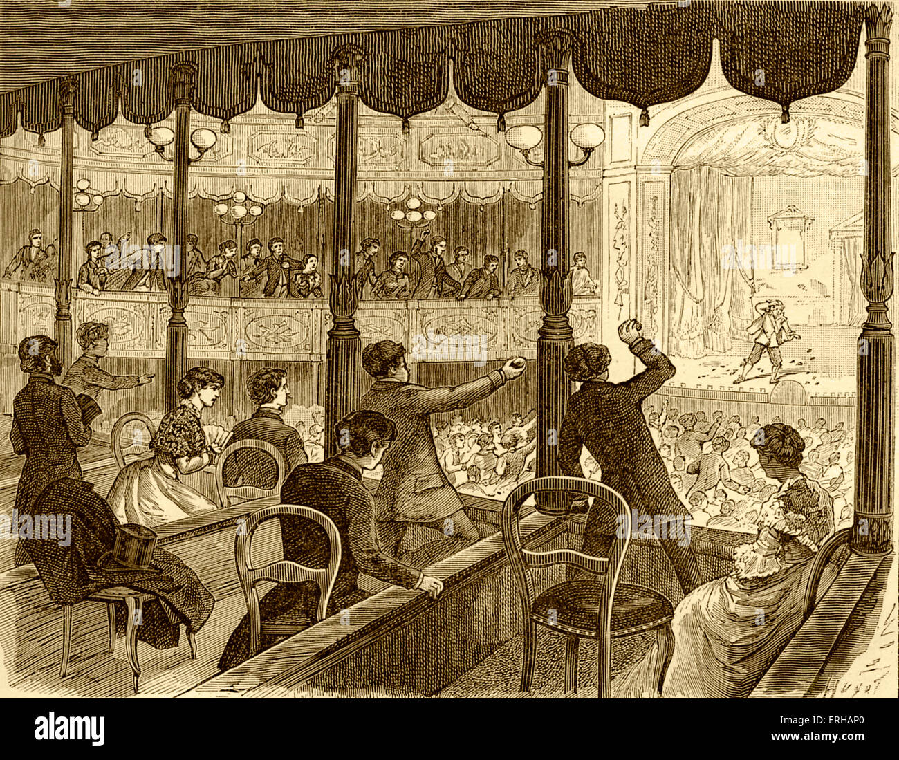 Jeter les pommes cuites à l'auditoire - acteur caricature (gravure), publié en 1885. Commentaires sur l'heure de la tradition française de jeter Banque D'Images