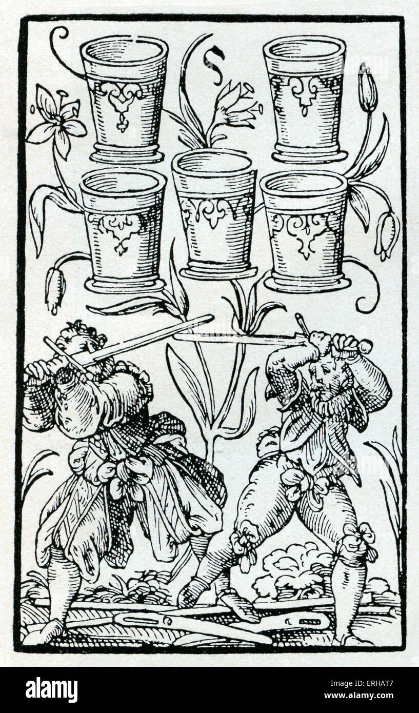 Carte satirique moralement no5 (Moralisch Satirisches Kartenspiel) de l'Allemagne médiévale. Deux hommes se battre sous cinq Banque D'Images