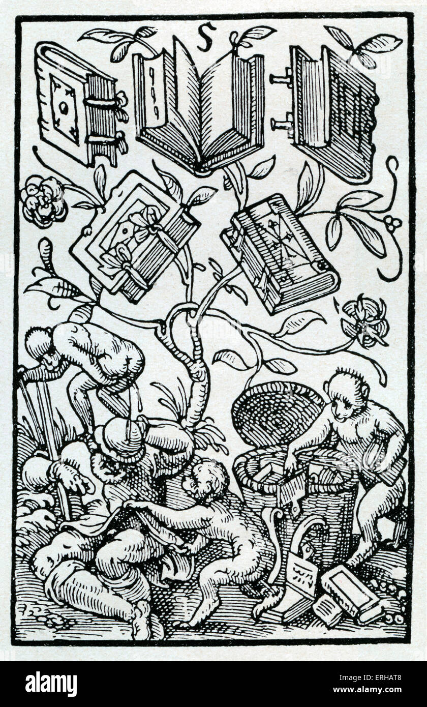Carte satirique moralement no5 (Moralisch Satirisches Kartenspiel) de l'Allemagne médiévale. Trois monkies rob un homme endormi Banque D'Images