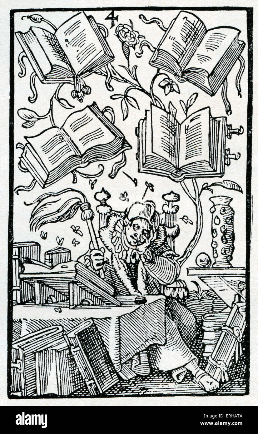 Carte satirique moralement no4 (Moralisch Satirisches Kartenspiel) de l'Allemagne médiévale. Un universitaire est assis à son bureau. Banque D'Images