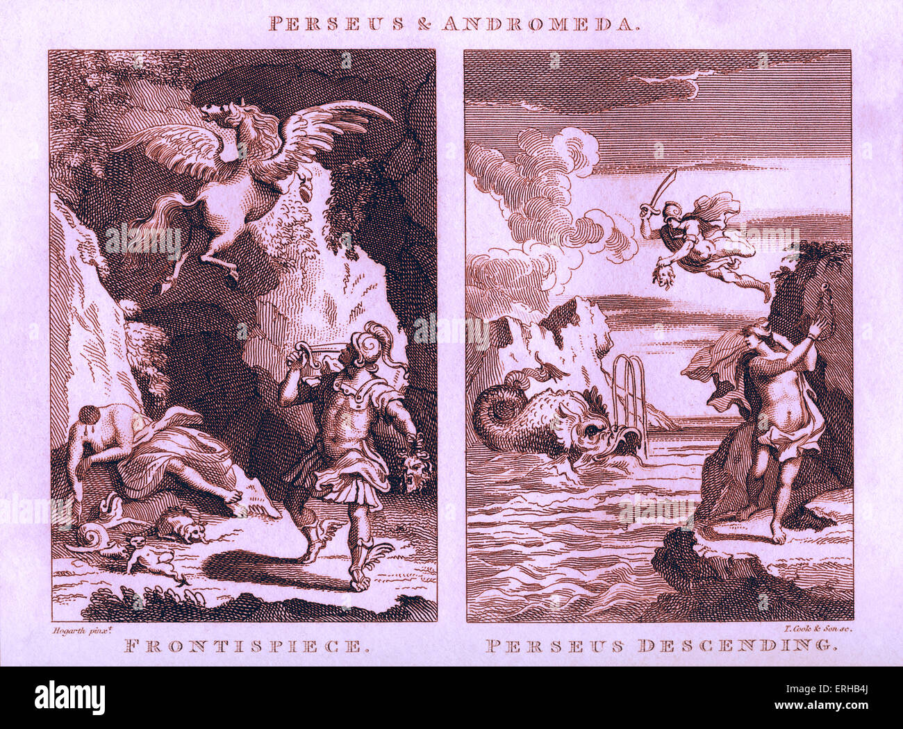 Persée et Andromède par William Hogarth, 1729. Gravé par T. Cook & Fils. Voir à gauche : Frontispice avec Persée tenant la Banque D'Images