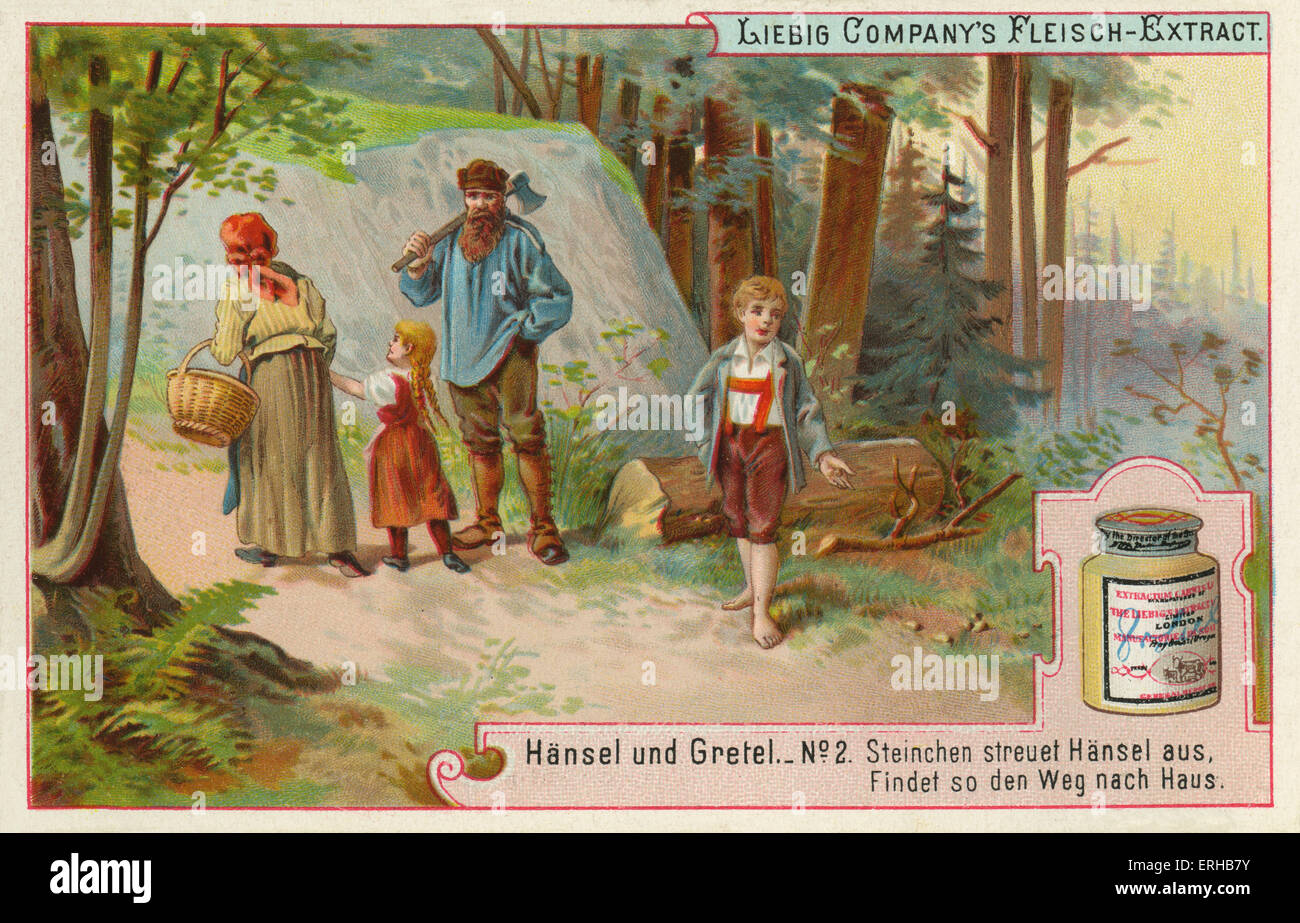 Hansel et Gretel des frères Grimm (1821). Sous-titre suivant : 'Hansel établit un sentier de cailloux blancs afin qu'il puisse trouver son chemin Banque D'Images