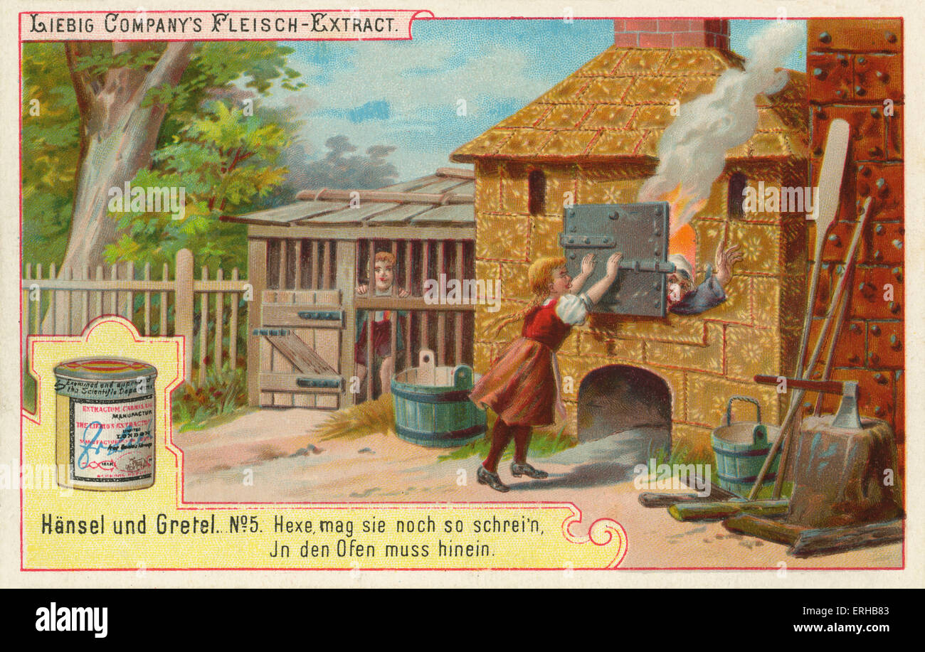 Hansel et Gretel des frères Grimm (1821). Sous-titre suivant : la méchante sorcière dans le four (allemand : Hexe sie noch so mag Banque D'Images