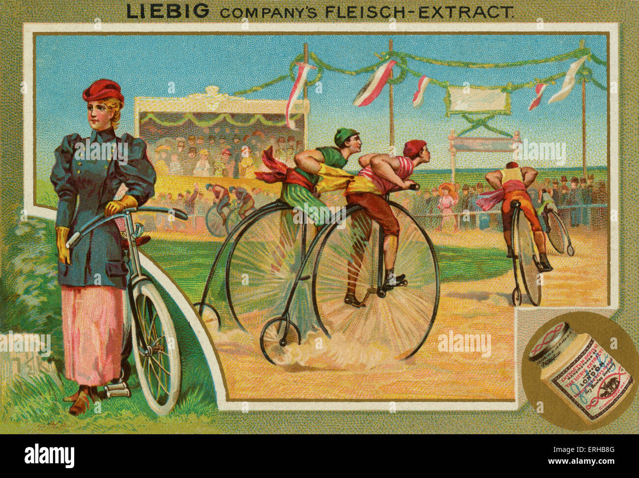 Une bicyclette / Penny Farthing race . Carte Liebig, Sports, 1896. Banque D'Images