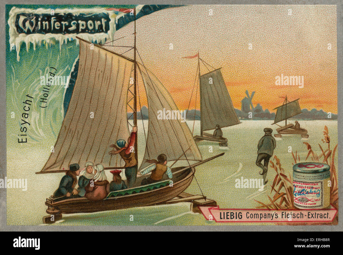 Voile sur glace / eis yacht, Hollande. Carte Liebig, Sports d'hiver, 1896. Banque D'Images