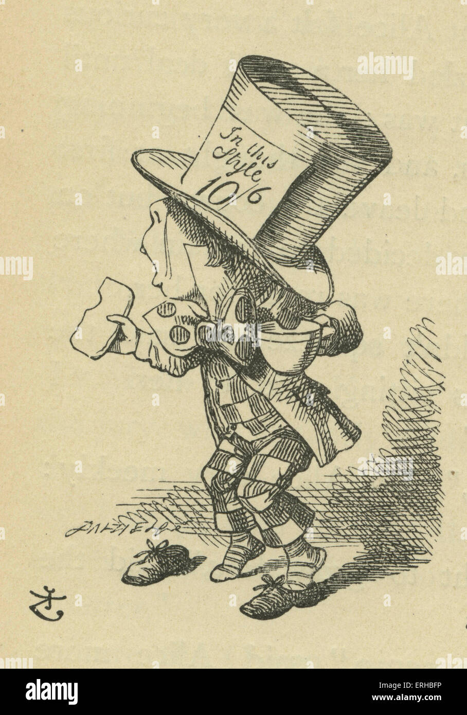 The Mad Hatter, Lewis Carroll (1832-1898) livre 'Alice's Adventures in Wonderland". Illustré par John Tenniel. The Mad Hatter en larmes après avoir perdu les tartelettes. Banque D'Images