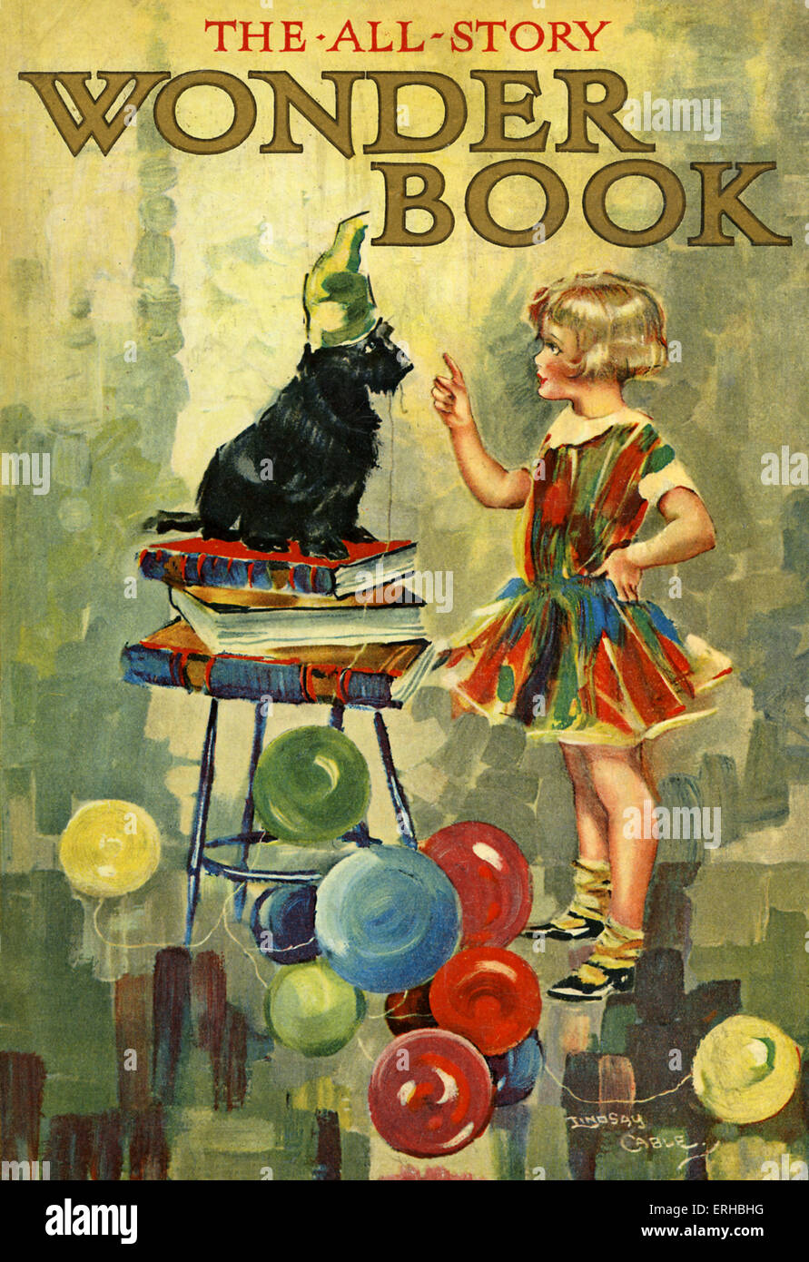 L'All-Story Wonder Book, illustration par W. Lindsay Câble. Un enfant un chien apprend à se tenir sur une pile de livres Banque D'Images