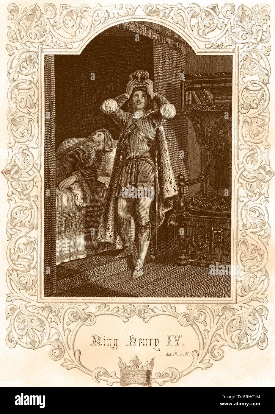 Le roi Henry IV (Partie I) de William Shakespeare. Acte IV Scène IV. Sous-titre suivant : 'Essayer sur la couronne". La gravure. Poète anglais Banque D'Images