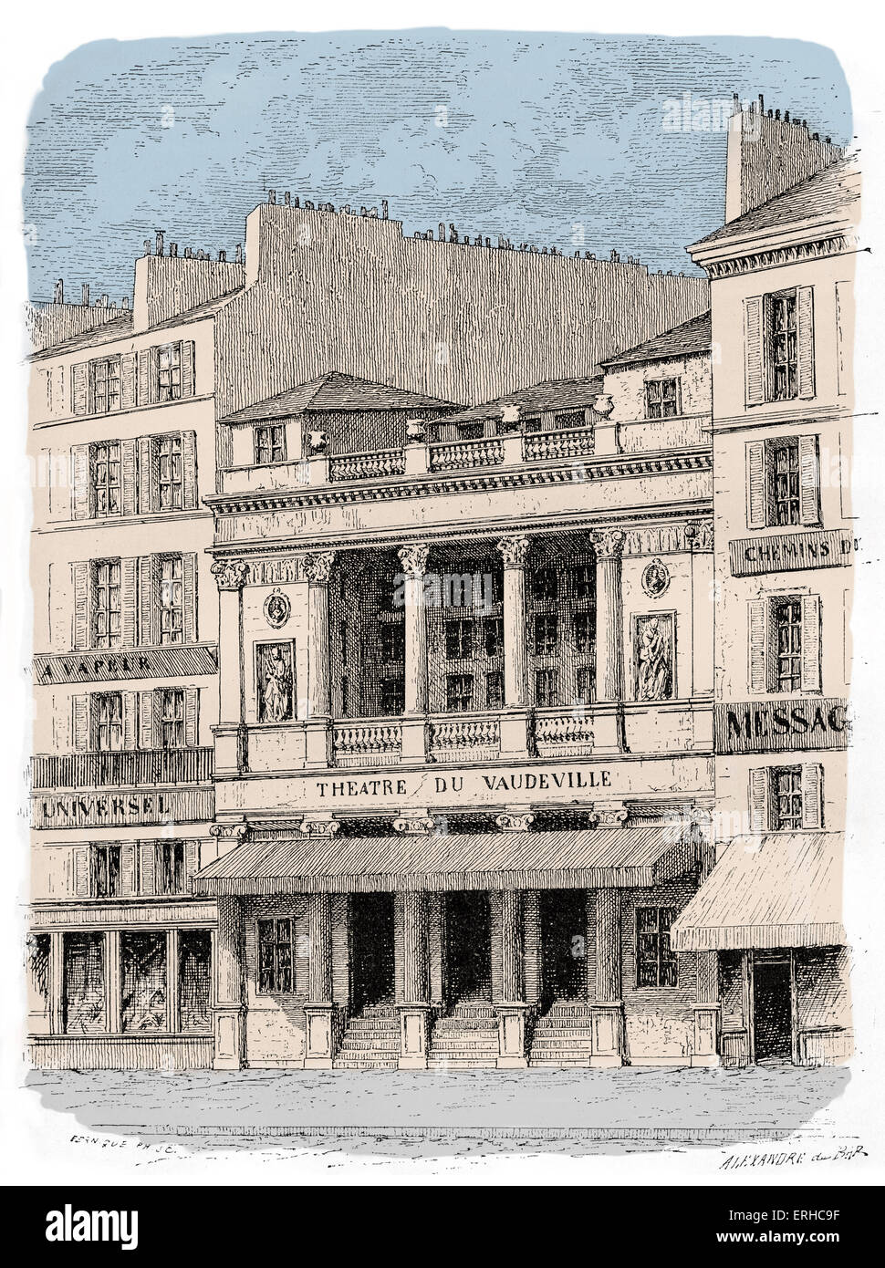 Façade du théâtre du Vaudeville, Paris, France, 1827. Banque D'Images