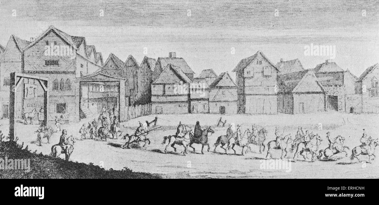 Les pèlerins de Canterbury quitte le Tabard Inn, Borough High Street, Southwark, Londres. Le Tabard est célèbre comme le lieu administré par Banque D'Images