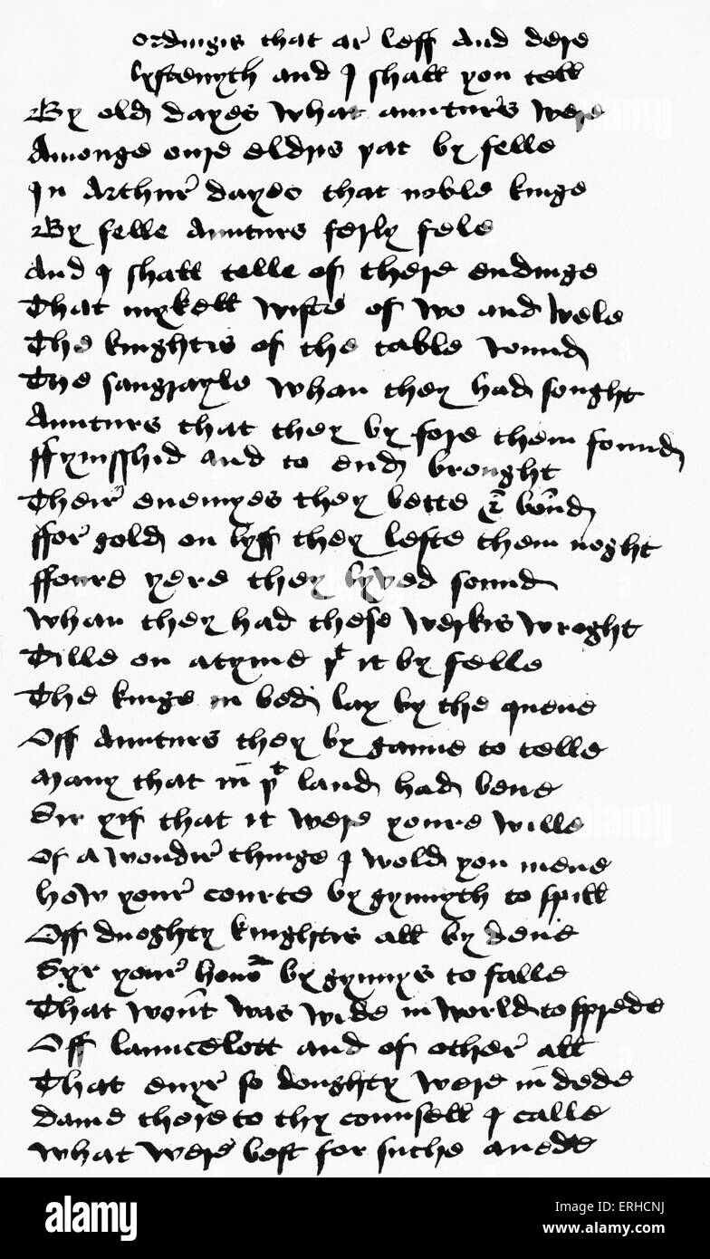 Page de la Morte Arthure Allitératif, poème allitératif racontant la dernière partie de la légende du roi Arthur. Milieu Banque D'Images