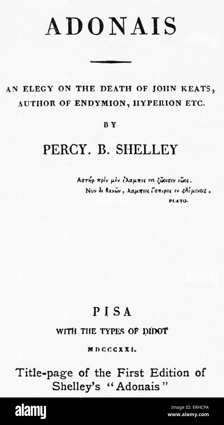 Page de titre pour la première édition de, 'Adonais : une élégie sur la mort de John Keats, auteur d'Endymion, Hyperion, etc." par Percy Shelley, 1821. Poète romantique anglais, 4 août 1792 - 8 juillet 1822 Banque D'Images