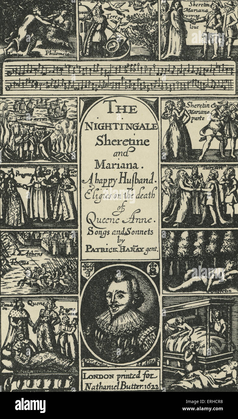 Page de titre pour un livre de poèmes par Patrick Hannay, avec portrait de l'auteur. 17e siècle. Poète et courtisan écossais, est mort Banque D'Images