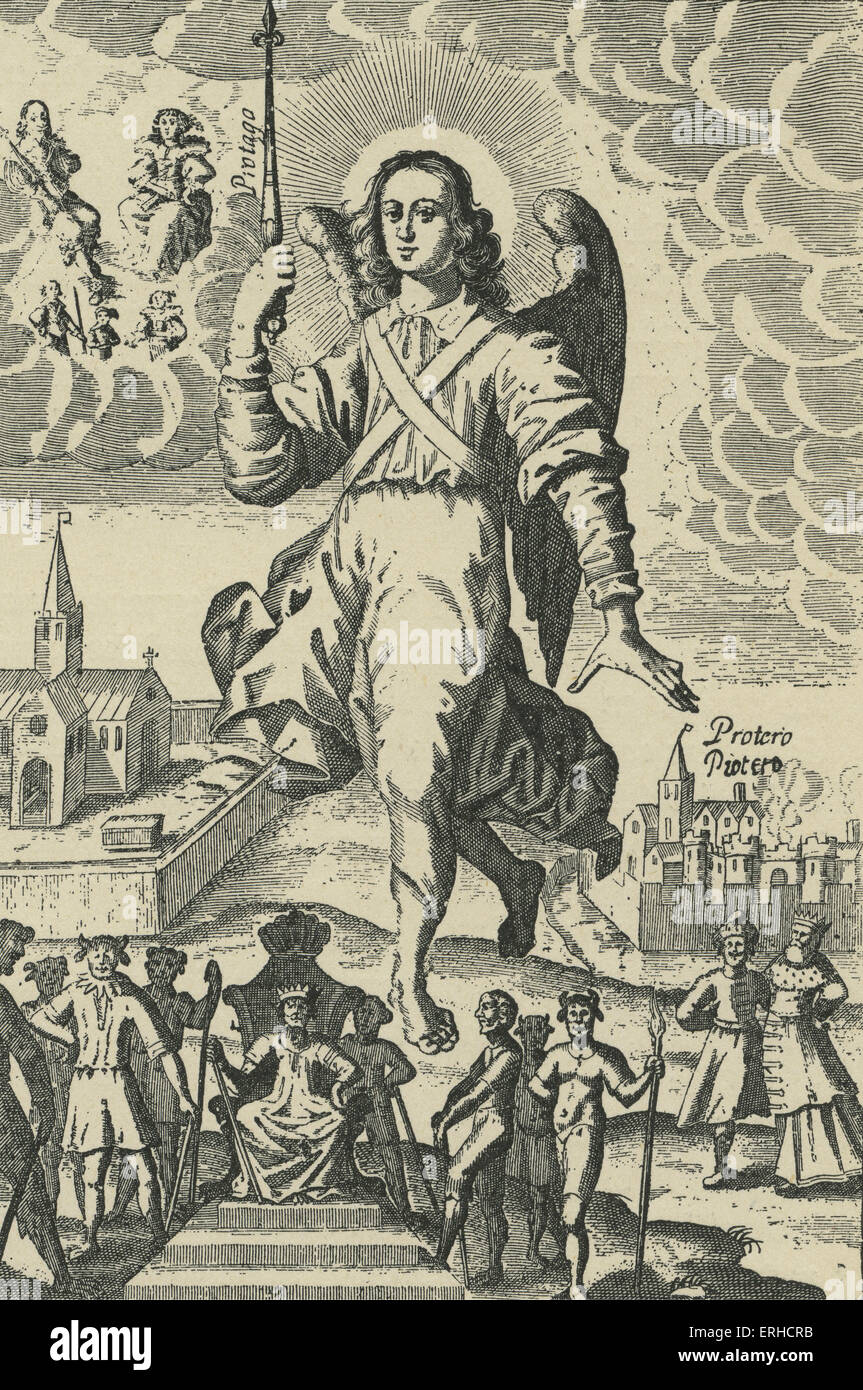 Le Principat', 'plaque de Thomas Heywood allégorique, "La hiérarchie de la bienheureuse Angels', (1635) avec des portraits de Banque D'Images