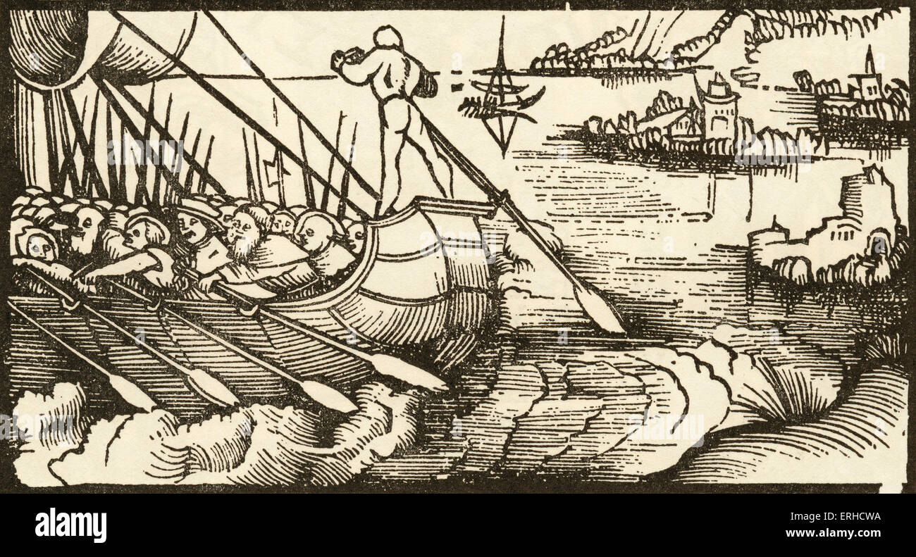 Soldats à bord d'un voilier, gravure sur bois par Urs Graf, 1521, à partir de deux histoires de chevalerie. Voile aviron contenant à la rame des soldats à gauche, avec un homme sur l'arrière avec une rame. Dans la distance, d'îles et d'un autre navire. Banque D'Images