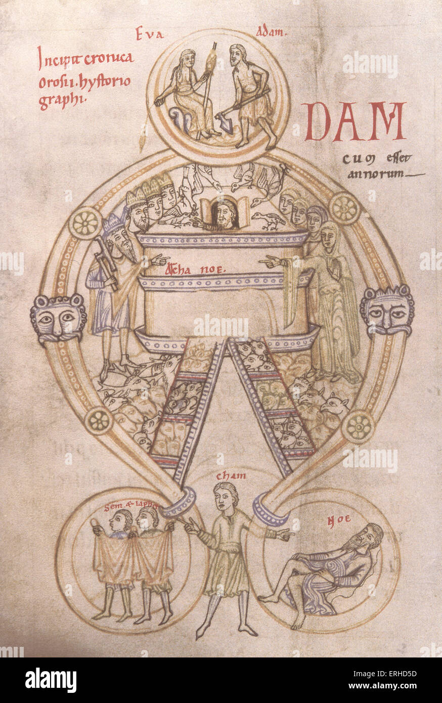 Peinture Médiévale L'Arche de Noé / Adam & Eve. 10e /11e siècle manuscrit lumineux souabe Banque D'Images