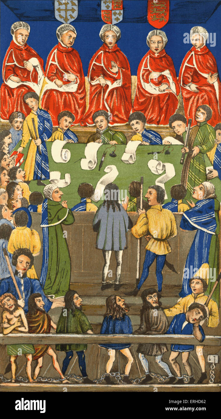 Cour du Banc du Roi de l'éclairage - de l'époque de Henry VI. Les juges, les scribes, les prisonniers dans les chaînes. Le roi Henry VI de Banque D'Images