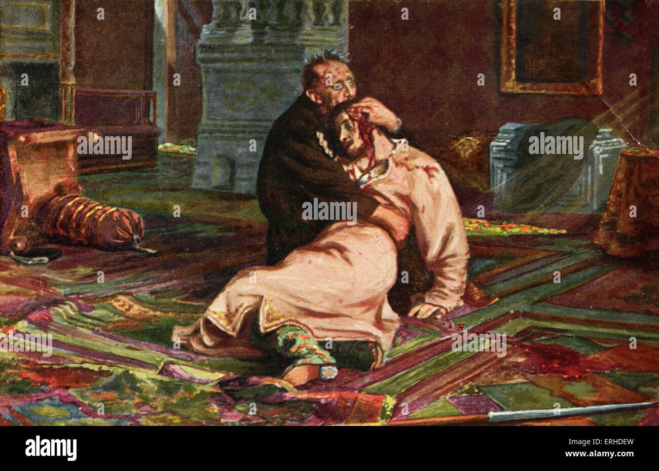 Ivan le Terrible et son fils, l'illustration à la carte postale ancienne par J.E. Repin. Le monarque russe apparaît dans 'La femme de chambre de Rimski-korsakov de Pskov' et 'La Fiancée du Tsar". Aussi dans la 'l'Oprichnik'. L'objet pour le film d'Eisenstein, avec la musique de Prokofiev. L'histoire russe. Banque D'Images