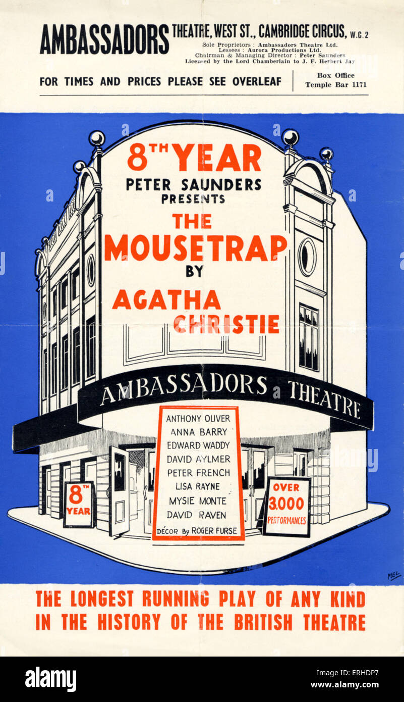 Agatha Christie jouer ' ' La souricière . Notice de la production à l'Ambassadors Theatre, Londres, dans sa 8e année (1960). Banque D'Images